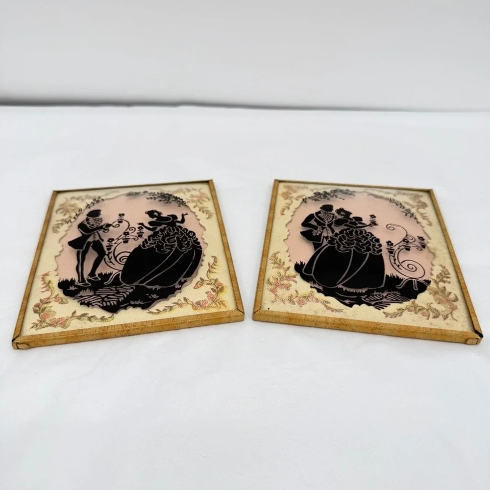 VTG Reverse Glass Silhouette Art Pair Victorian Couple Decor Pink 4x5